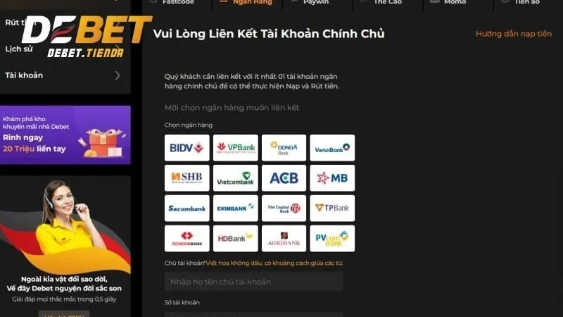 Nạp rút tiền Debet bằng nhiều cách thức